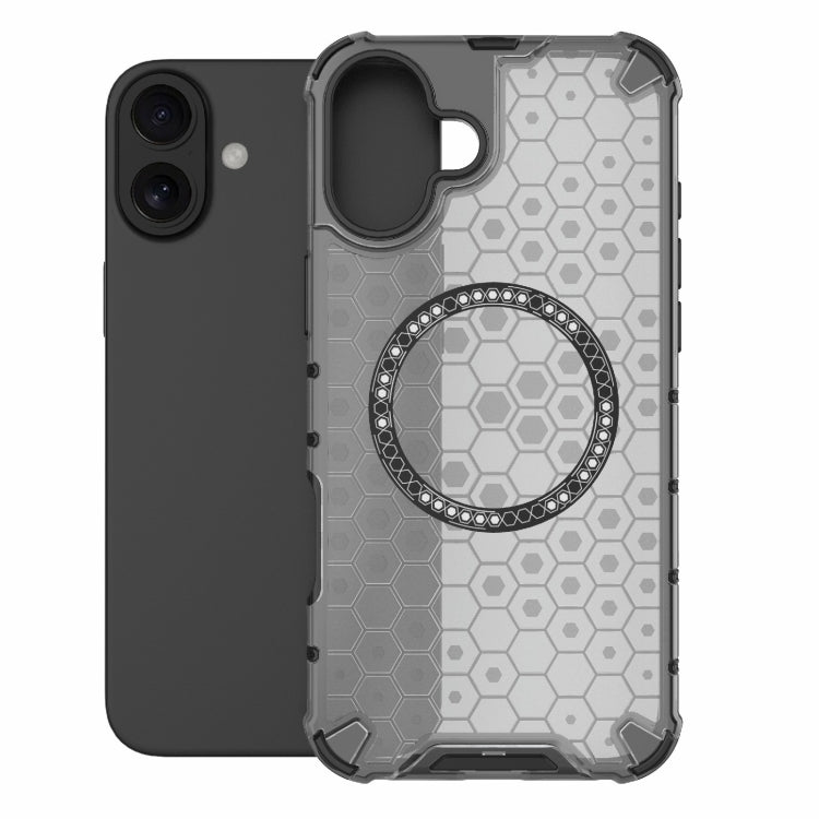 For iPhone 16 Plus Honeycomb Magnetic Ring Shockproof Phone Case(Black)