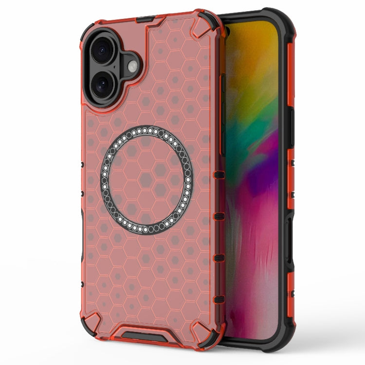 For iPhone 16 Plus Honeycomb Magnetic Ring Shockproof Phone Case(Red)