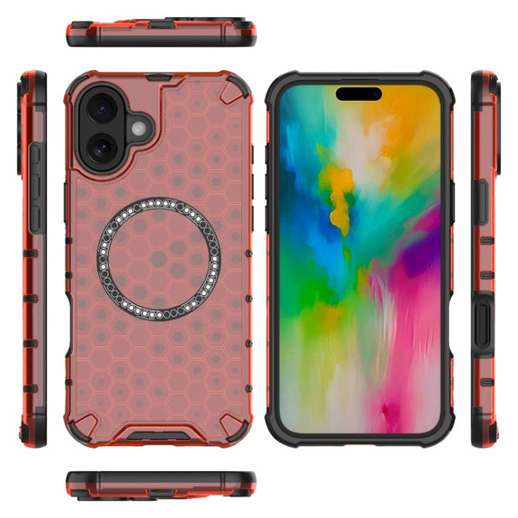 For iPhone 16 Plus Honeycomb Magnetic Ring Shockproof Phone Case(Red)