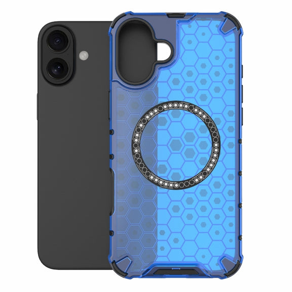 For iPhone 16 Plus Honeycomb Magnetic Ring Shockproof Phone Case(Blue)