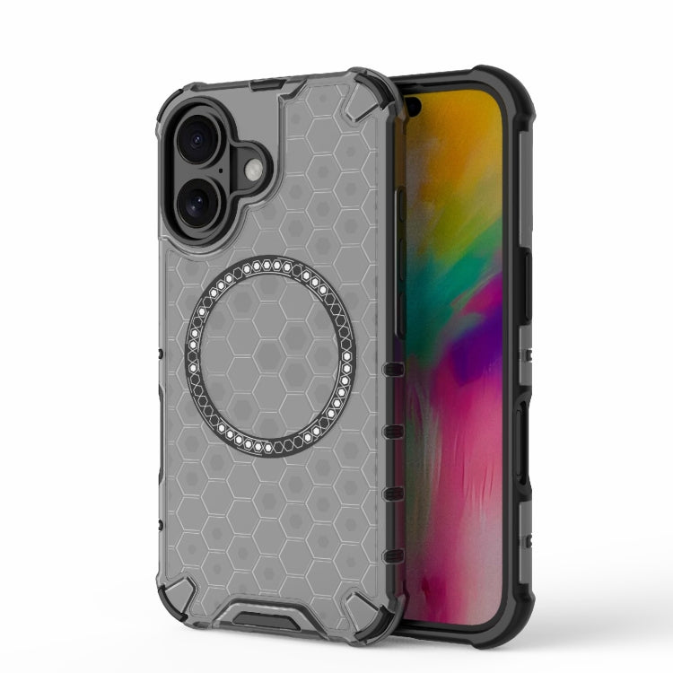 For iPhone 16 Honeycomb Magnetic Ring Shockproof Phone Case(Black)