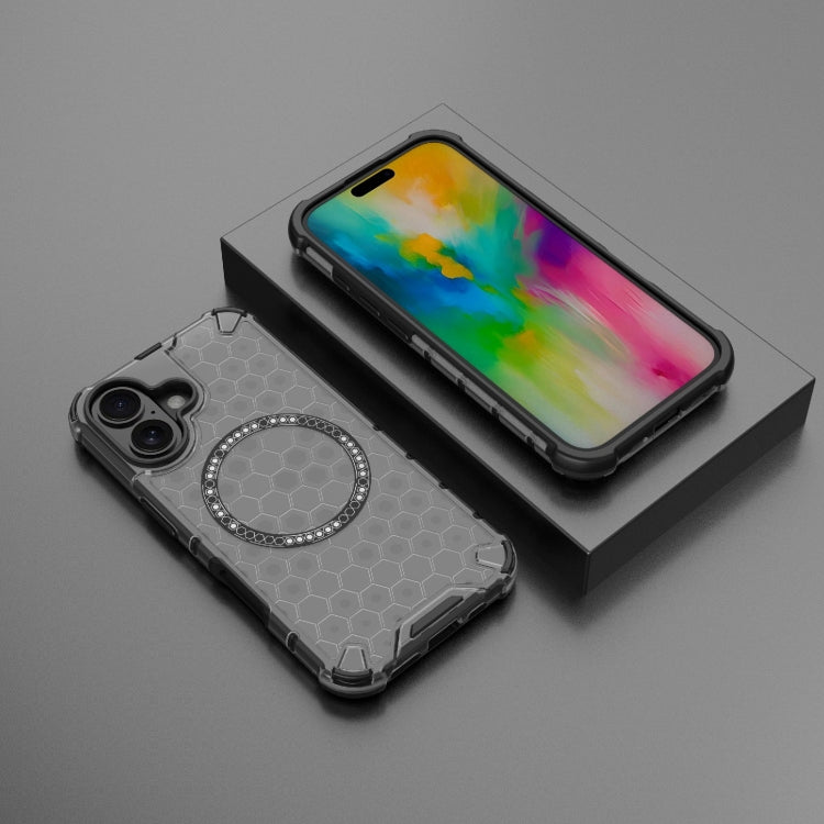 For iPhone 16 Honeycomb Magnetic Ring Shockproof Phone Case(Black)
