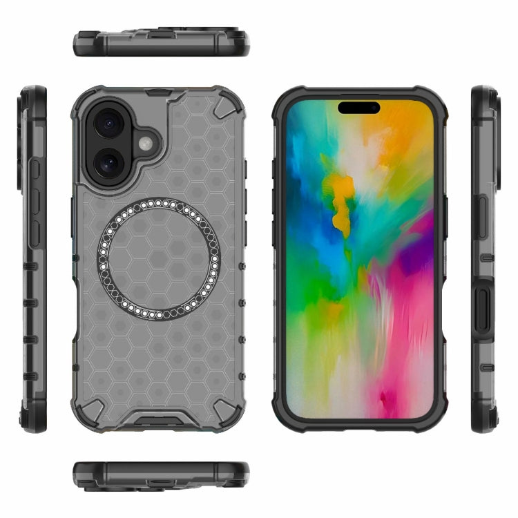 For iPhone 16 Honeycomb Magnetic Ring Shockproof Phone Case(Black)