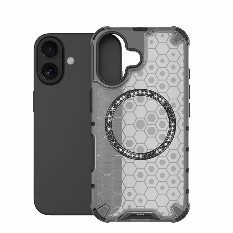 For iPhone 16 Honeycomb Magnetic Ring Shockproof Phone Case(Black)