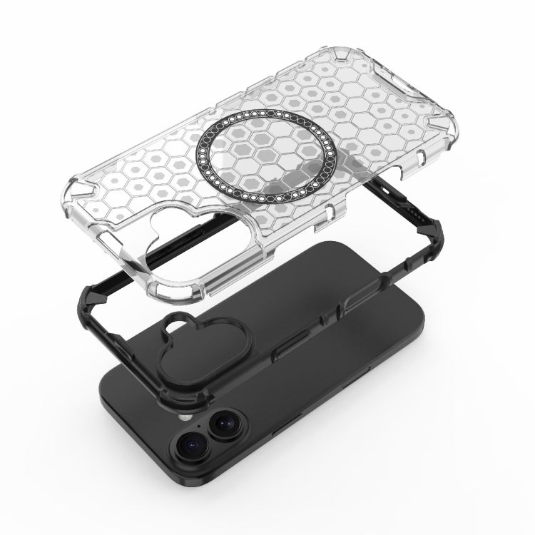 For iPhone 16 Honeycomb Magnetic Ring Shockproof Phone Case(Black)
