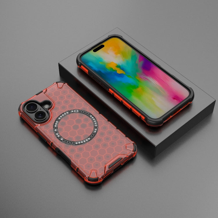 For iPhone 16 Honeycomb Magnetic Ring Shockproof Phone Case(Red)