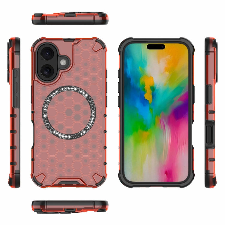 For iPhone 16 Honeycomb Magnetic Ring Shockproof Phone Case(Red)