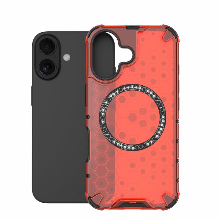 For iPhone 16 Honeycomb Magnetic Ring Shockproof Phone Case(Red)
