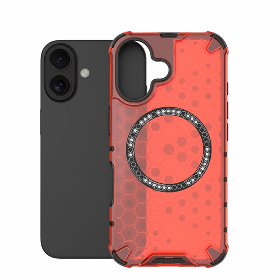 For iPhone 16 Honeycomb Magnetic Ring Shockproof Phone Case(Red)