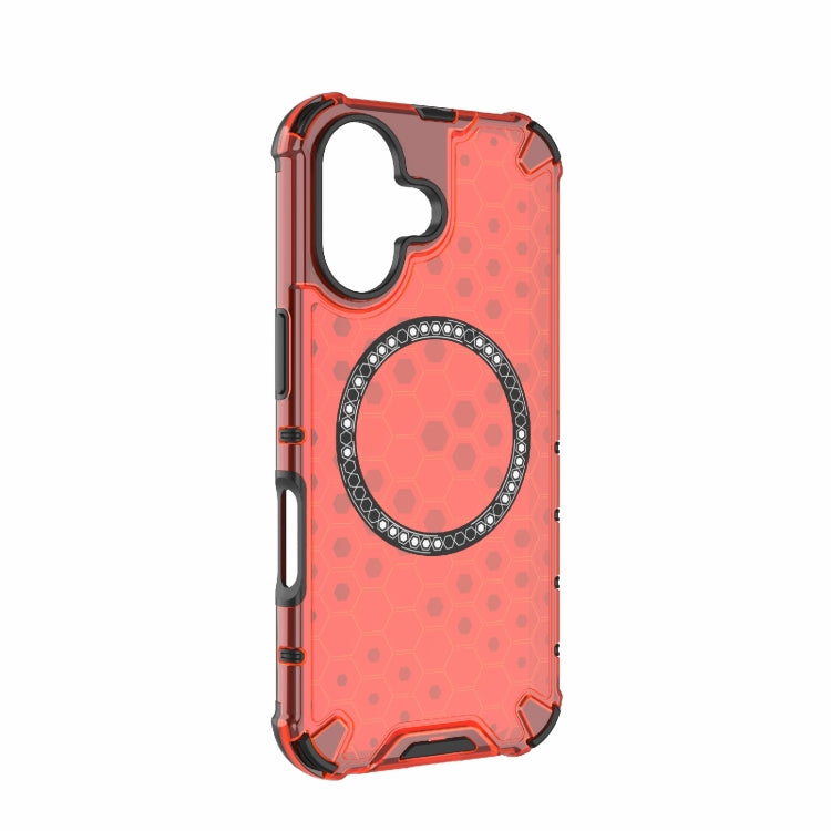 For iPhone 16 Honeycomb Magnetic Ring Shockproof Phone Case(Red)