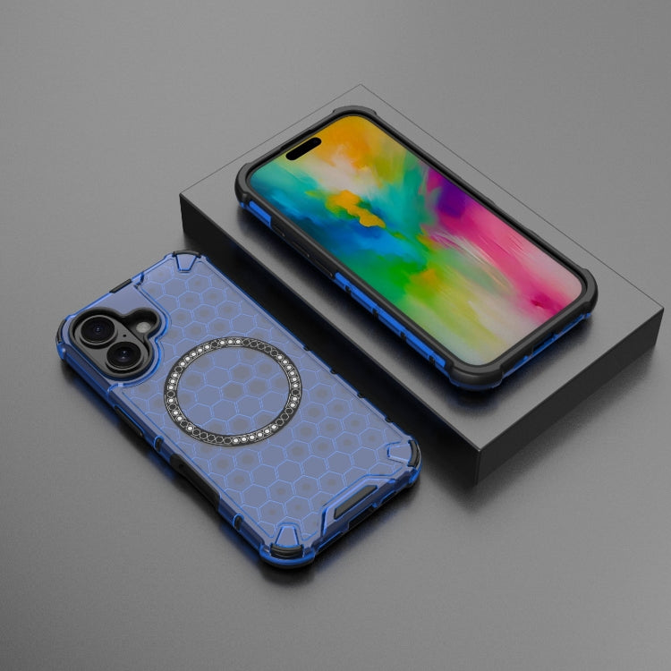For iPhone 16 Honeycomb Magnetic Ring Shockproof Phone Case(Blue)