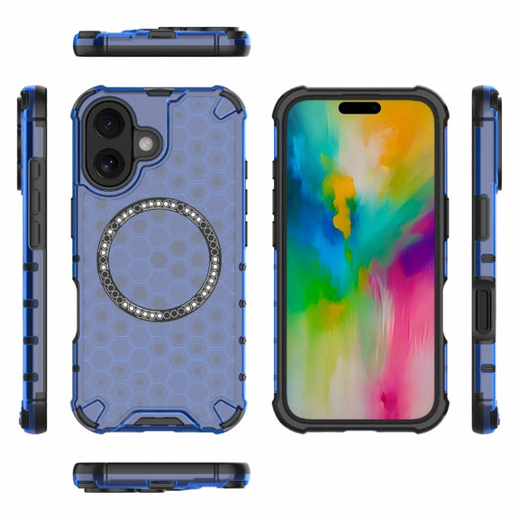For iPhone 16 Honeycomb Magnetic Ring Shockproof Phone Case(Blue)