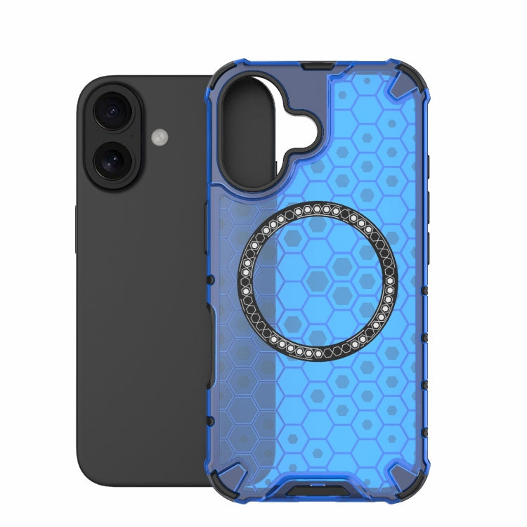 For iPhone 16 Honeycomb Magnetic Ring Shockproof Phone Case(Blue)