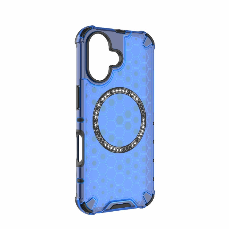 For iPhone 16 Honeycomb Magnetic Ring Shockproof Phone Case(Blue)