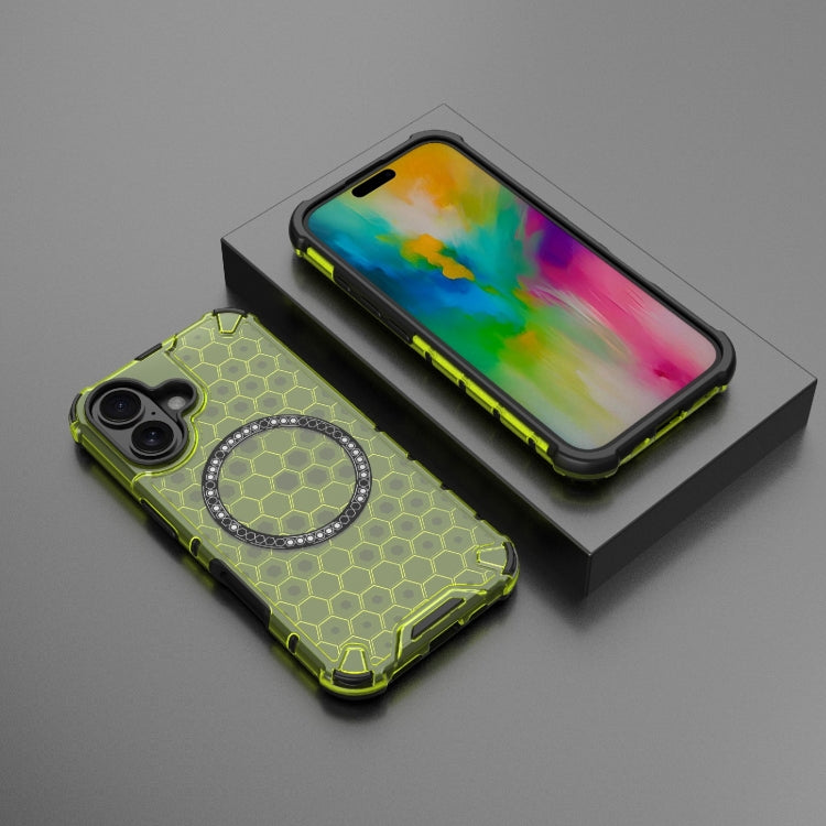For iPhone 16 Honeycomb Magnetic Ring Shockproof Phone Case(Green)