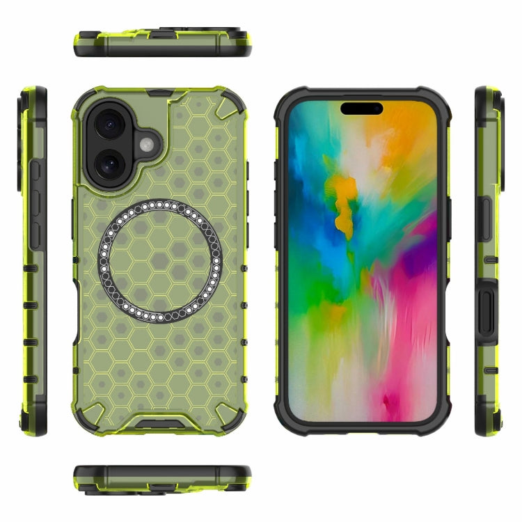 For iPhone 16 Honeycomb Magnetic Ring Shockproof Phone Case(Green)