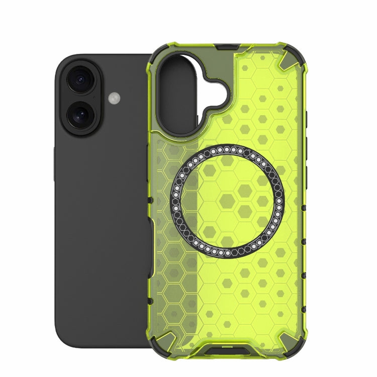 For iPhone 16 Honeycomb Magnetic Ring Shockproof Phone Case(Green)