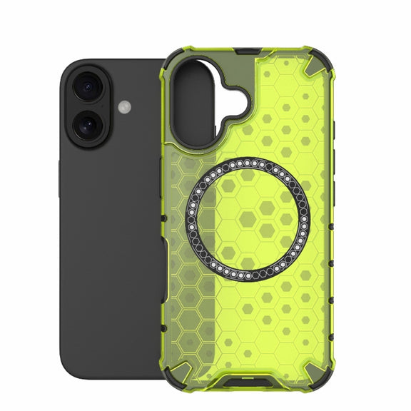 For iPhone 16 Honeycomb Magnetic Ring Shockproof Phone Case(Green)