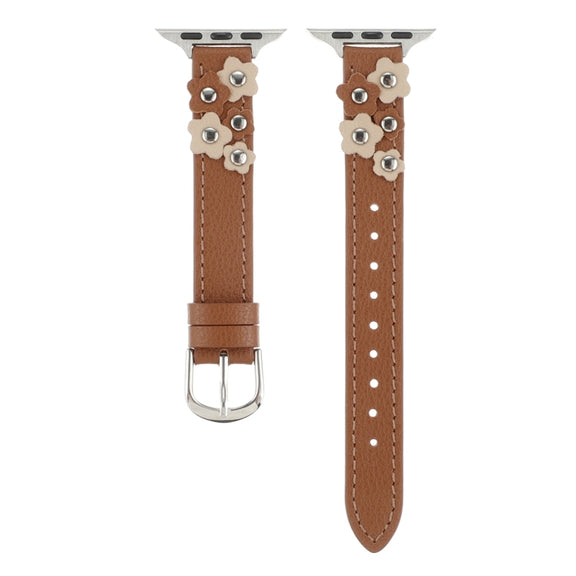 For Apple Watch Ultra 2 49mm Stitched Flower Leather Watch Band(Brown)