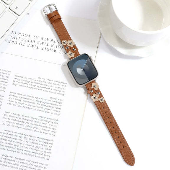 For Apple Watch Ultra 49mm Stitched Flower Leather Watch Band(Brown)
