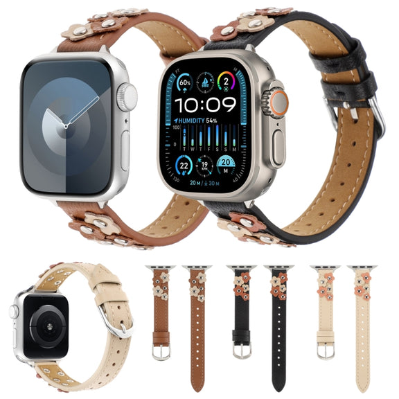For Apple Watch Ultra 2 49mm Stitched Flower Leather Watch Band(Black)