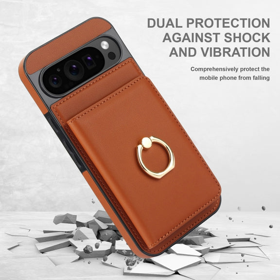 For Google Pixel 9 RFID Anti-theft Card Ring Holder Phone Case(Brown)