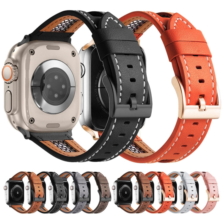 For Apple Watch Ultra 2 49mm Mesh Calfskin Genuine Leather Watch Band(Orange)