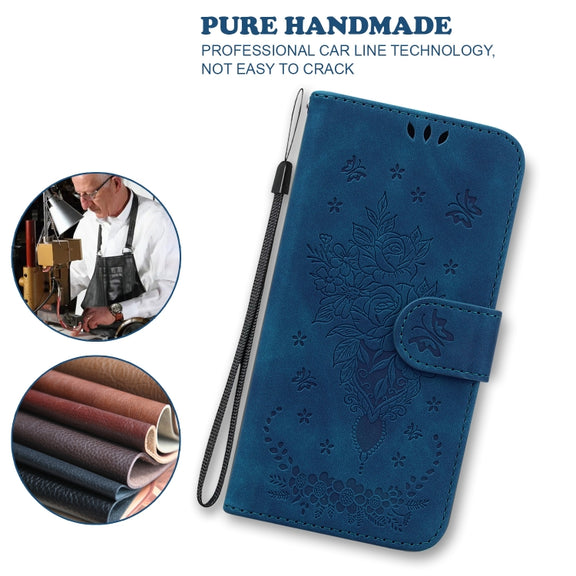 For iPhone 16e Butterfly Rose Embossed Leather Phone Case(Blue)