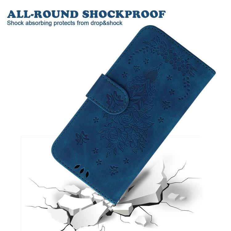For iPhone 16e Butterfly Rose Embossed Leather Phone Case(Blue)
