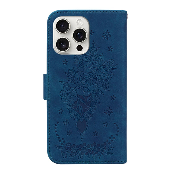 For iPhone 16 Pro Butterfly Rose Embossed Leather Phone Case(Blue)