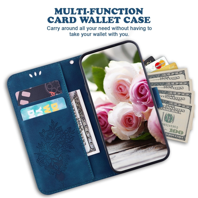 For iPhone 16 Plus Butterfly Rose Embossed Leather Phone Case(Blue)
