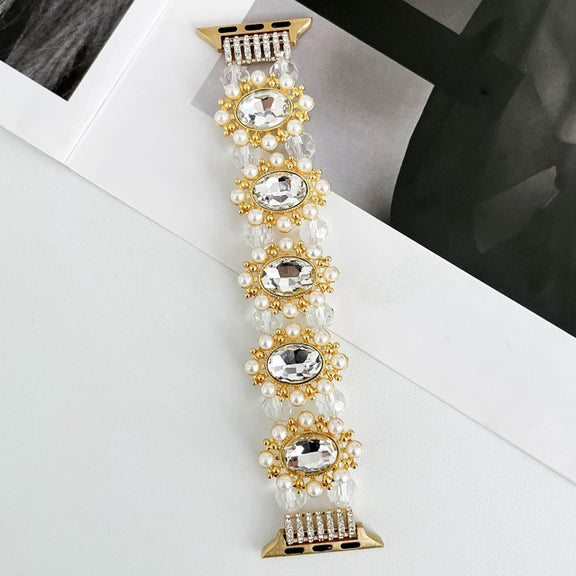 For Apple Watch Series 7 41mm Beaded Pearl Gemstone Bracelet Watch Band(Light Gold)
