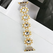 For Apple Watch SE 44mm Beaded Pearl Gemstone Bracelet Watch Band(Light Gold)
