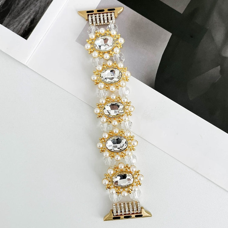 For Apple Watch Series 4 40mm Beaded Pearl Gemstone Bracelet Watch Band(Light Gold)