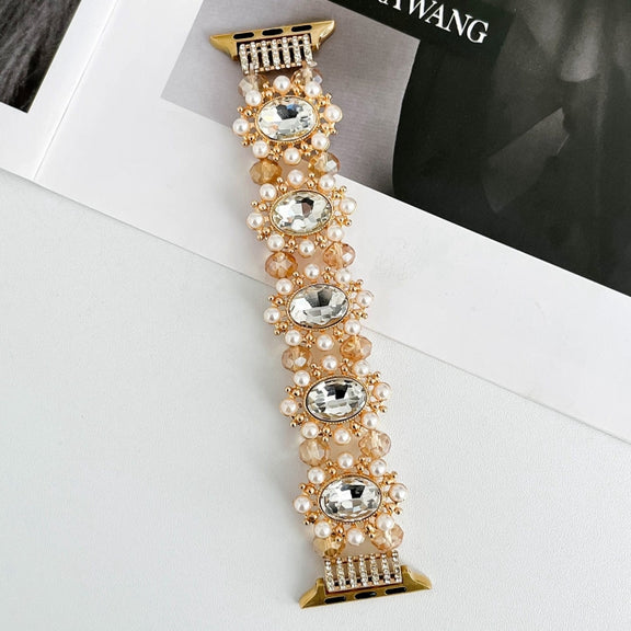 For Apple Watch Series 2 42mm Beaded Pearl Gemstone Bracelet Watch Band(Gold)
