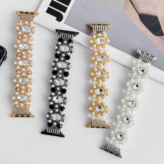 For Apple Watch Series 9 41mm Beaded Pearl Gemstone Bracelet Watch Band(Light Gold)