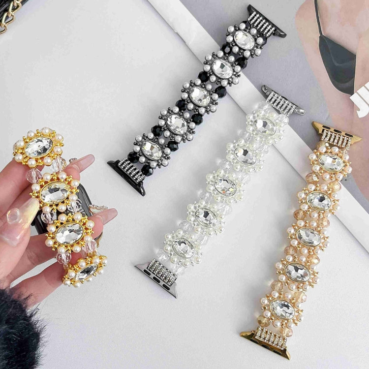For Apple Watch Series 9 41mm Beaded Pearl Gemstone Bracelet Watch Band(Light Gold)