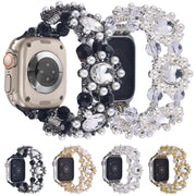 For Apple Watch SE 2023 44mm Beaded Pearl Gemstone Bracelet Watch Band(White)