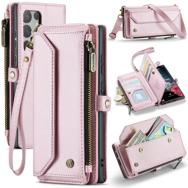 For Samsung Galaxy S22 Ultra 5G CaseMe C36 Card Slots Zipper Wallet RFID Anti-theft Leather Phone Case(Pink)