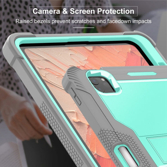 For iPad Pro 11 2024 Shockproof Silicone Hybrid PC Tablet Case with Holder(Mint Green + Grey)