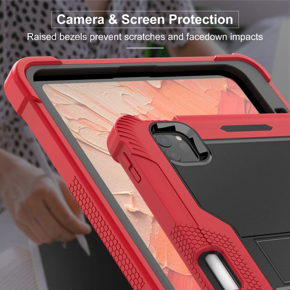 For iPad Pro 11 2024 Shockproof Silicone Hybrid PC Tablet Case with Holder(Black + Red)