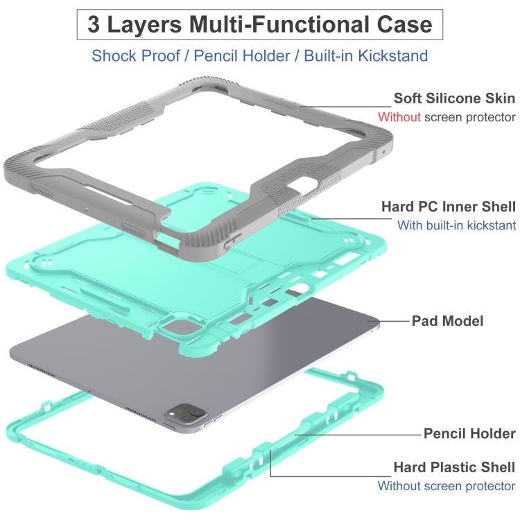 For iPad Pro 13 2024 Shockproof Silicone Hybrid PC Tablet Case with Holder(Mint Green + Grey)