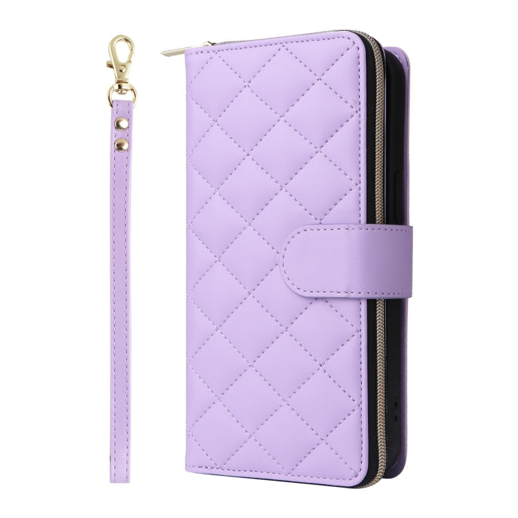 For iPhone 16 Pro Crossbody Rhombic Zipper Tower Buckle Leather Phone Case with Lanyard(Purple)