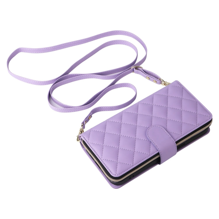 For iPhone 16 Pro Crossbody Rhombic Zipper Tower Buckle Leather Phone Case with Lanyard(Purple)