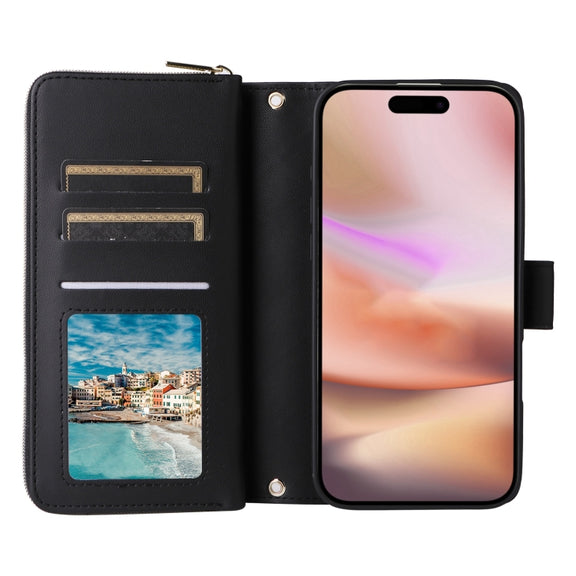 For iPhone 16 Plus Crossbody Rhombic Zipper Tower Buckle Leather Phone Case with Lanyard(Black)