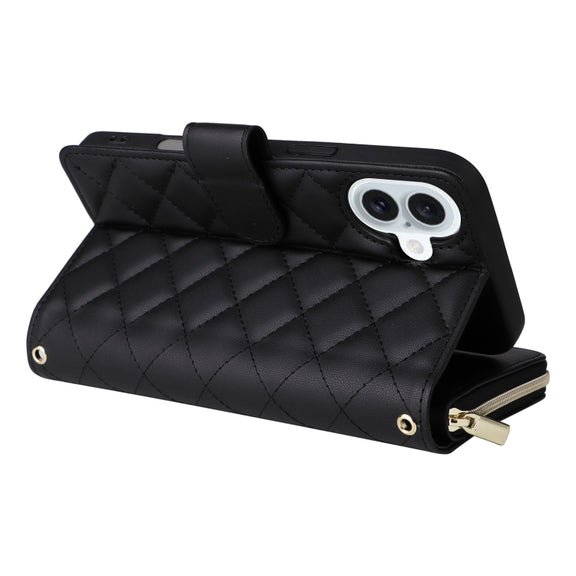 For iPhone 16 Plus Crossbody Rhombic Zipper Tower Buckle Leather Phone Case with Lanyard(Black)
