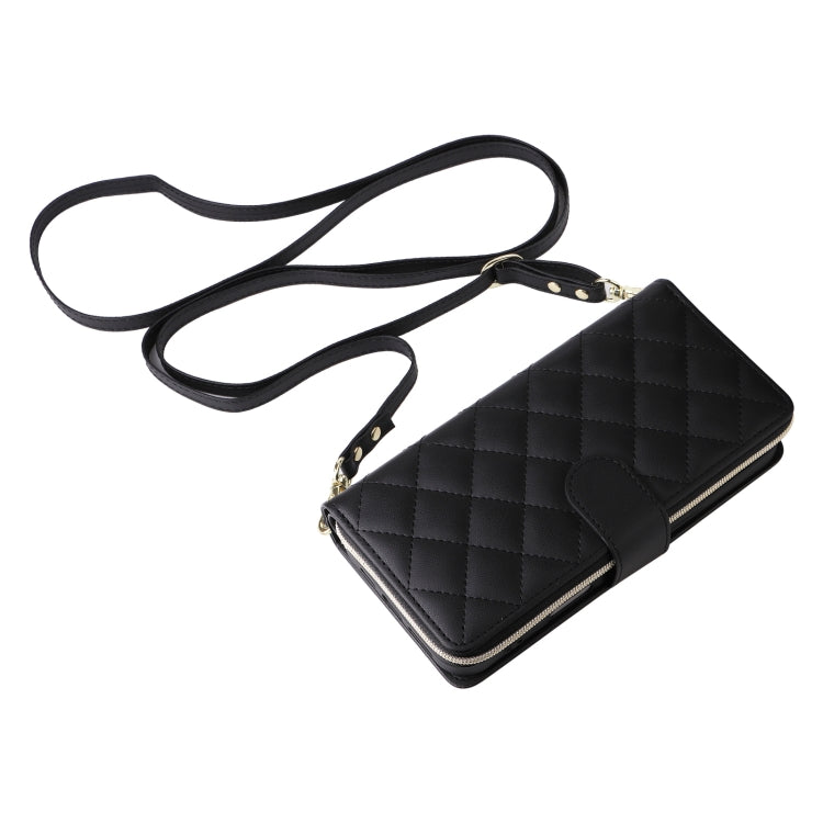 For iPhone 16 Crossbody Rhombic Zipper Tower Buckle Leather Phone Case with Lanyard(Black)