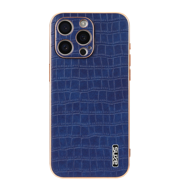 For iPhone 15 Pro Max AZNS Electroplated Frame Crocodile Texture Full Coverage Phone Case(Blue)