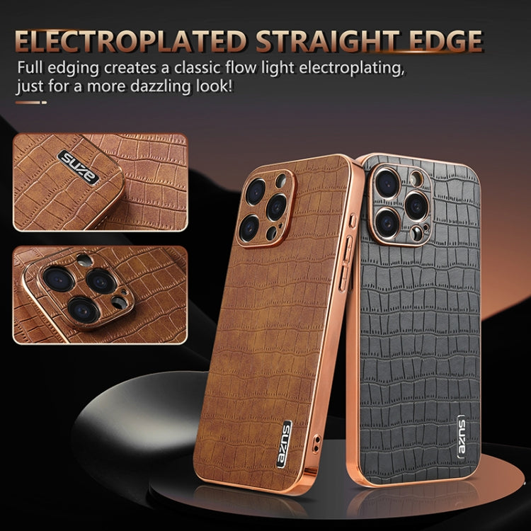 For iPhone 15 Pro Max AZNS Electroplated Frame Crocodile Texture Full Coverage Phone Case(Blue)