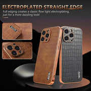 For iPhone 15 Pro Max AZNS Electroplated Frame Crocodile Texture Full Coverage Phone Case(Blue)